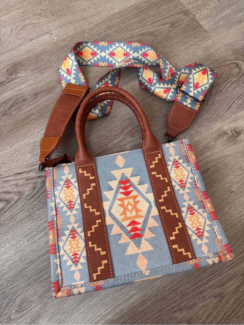 Wrangler Aztec Blue Western Tote Bag Crossbody Purse - Picture 4 of 7